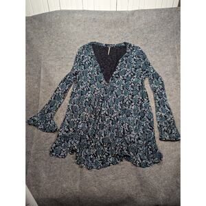 Free People Small Floral Blue V Neck Flowy Tunic Long Sleeve Shirt